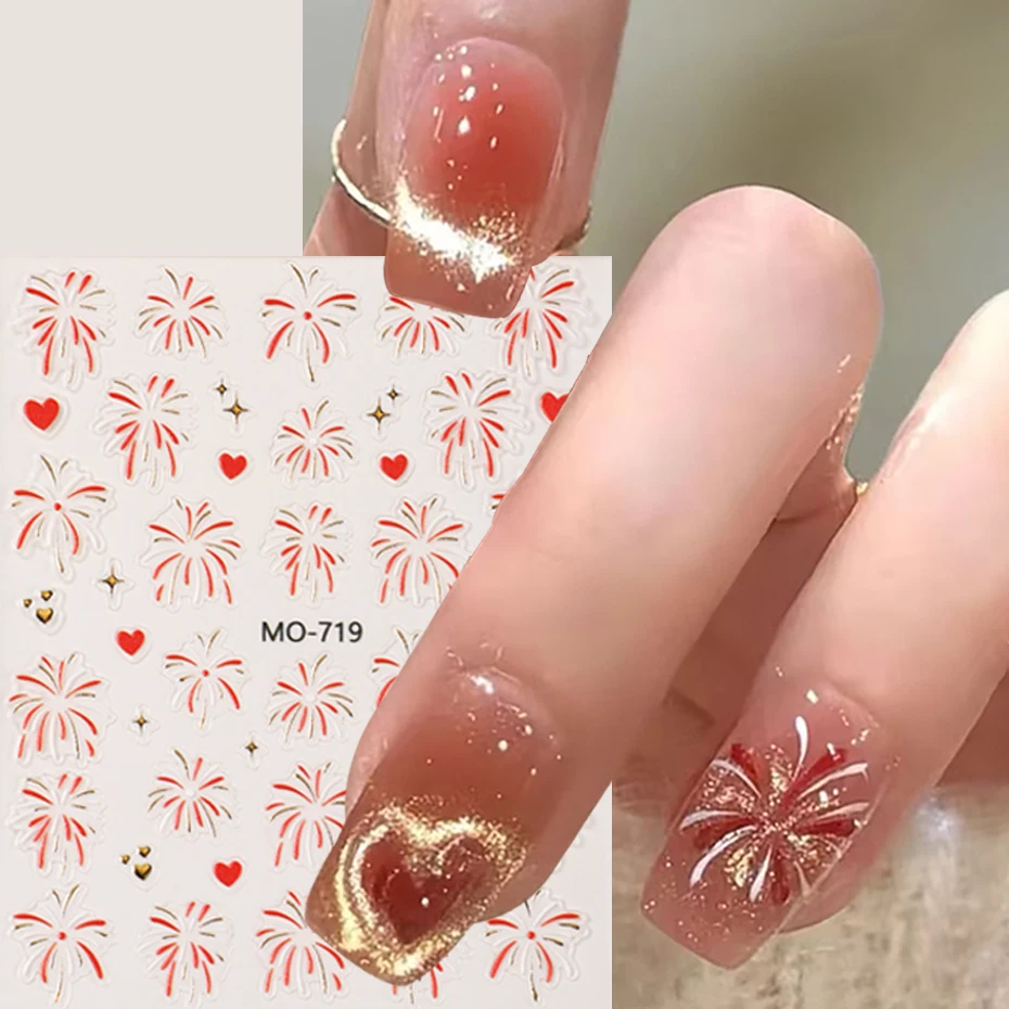 3 pcs 3D New Year Cartoon Fireworks Nail Stickers Holographic Shiny Fireworks Self-Adhesive Nail Decals Glitter DIY Nail Decor