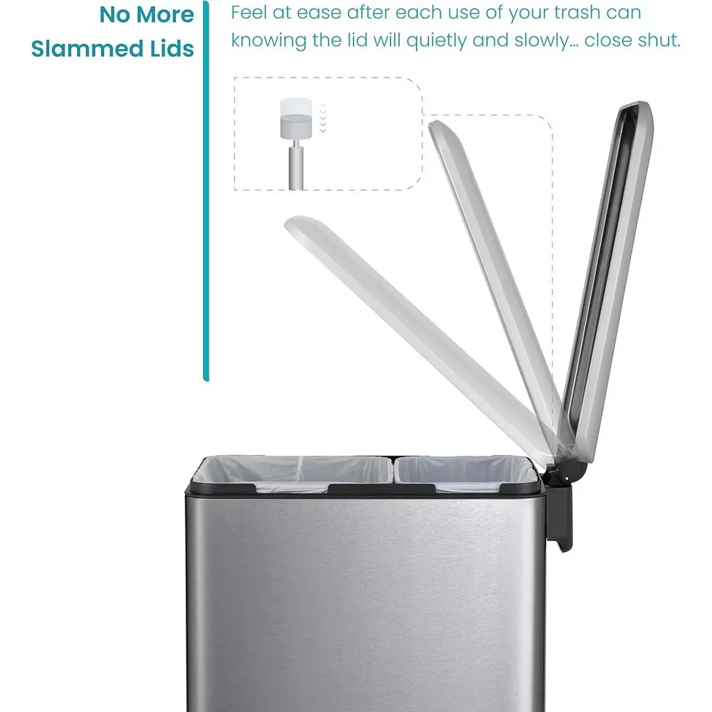 

Dual-Compartment Stainless Steel Step-On Trash Can with Lid, 13 Gallons, Silver