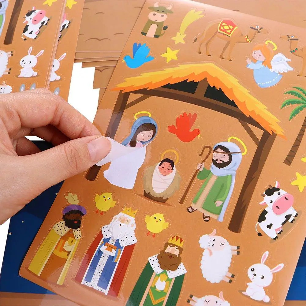 24 Sheets Nativity Stickers Nativity Recognition Training Puzzle Scenes Stickers Crafts DIY DIY Puzzle Games Sticker Kids Toys