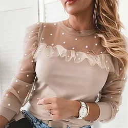 Elegant Ruffle Puff Long Sleeve Tops Autumn Patchwork Beaded Sheer Mesh Blouse Sexy O Neck Hollow Out Women Shirt Blusa Pullover