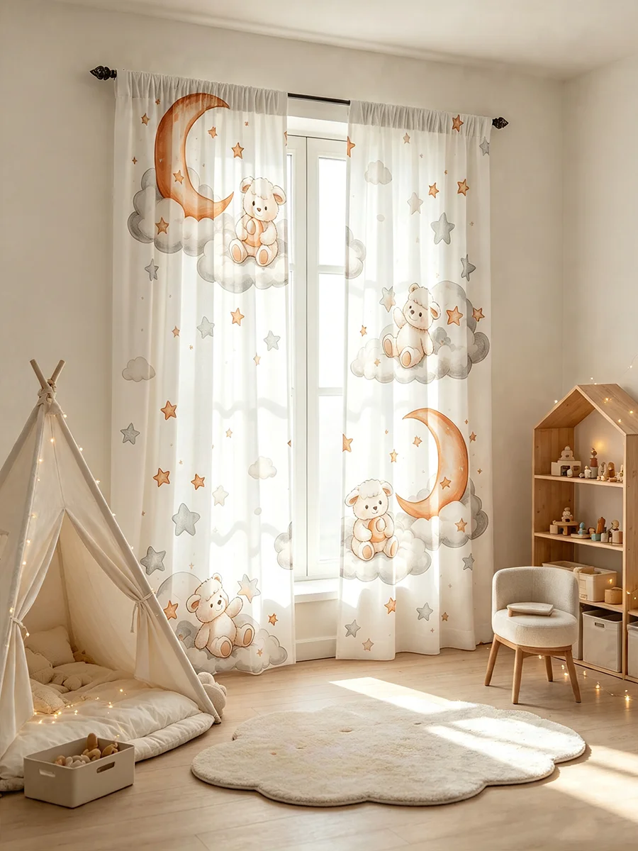 2PCS Digital Print Curtains Watercolor Lamb Moon Star Cloud Print Nursery Kids Bedroom Window Drapes