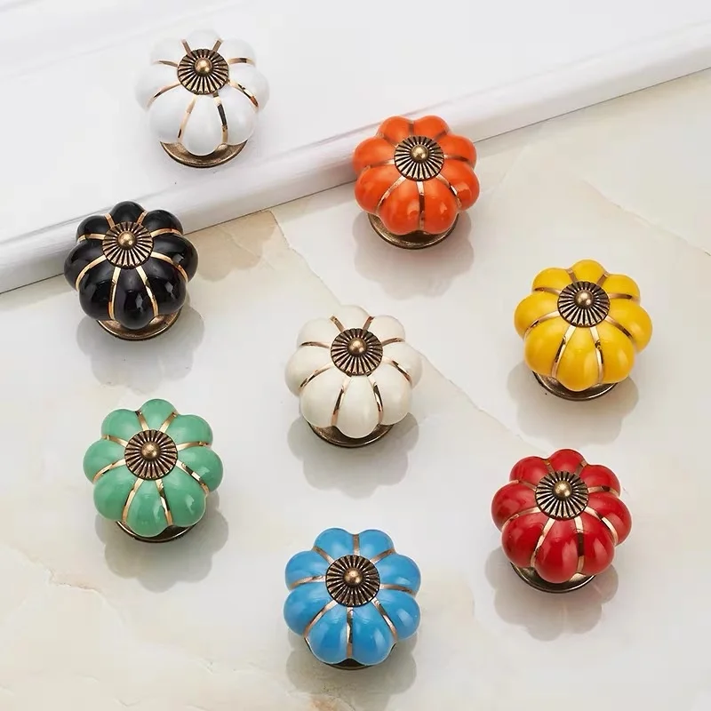 Cartoon Pumpkin Shape Drawer Dresser Knob Ceramic For Children Room Home Red Blue Green Black White Yellow Orange