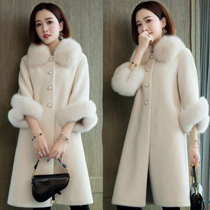 Autumn Winter New Imitation Sheep Shearing Fur Coat Women\'s Mid-length Imitation Fox Fur Collar Loose Granular Fur Imitation Fur