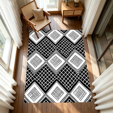 Black-White Hand Drawn Diamond Lattice Geometric Carpet Flooring, Minimalist Sketch Non-Slip Area Rug for Living Room Bedroom Office Home Decor