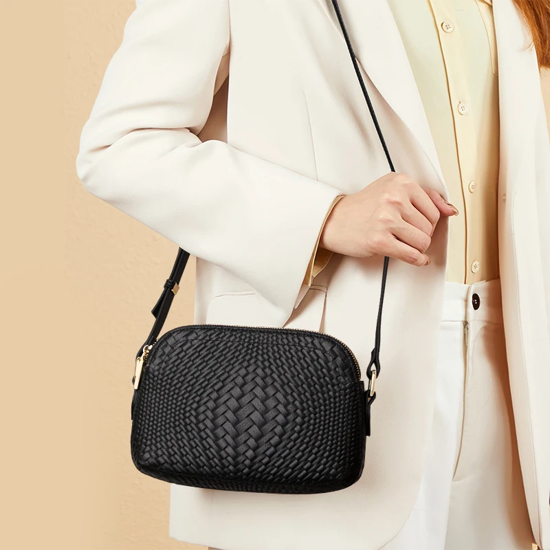 

Aidrani Casual Versatile Genuine Leather Women's Bag with Black Braided Cowhide Single Shoulder Crossbody Bag