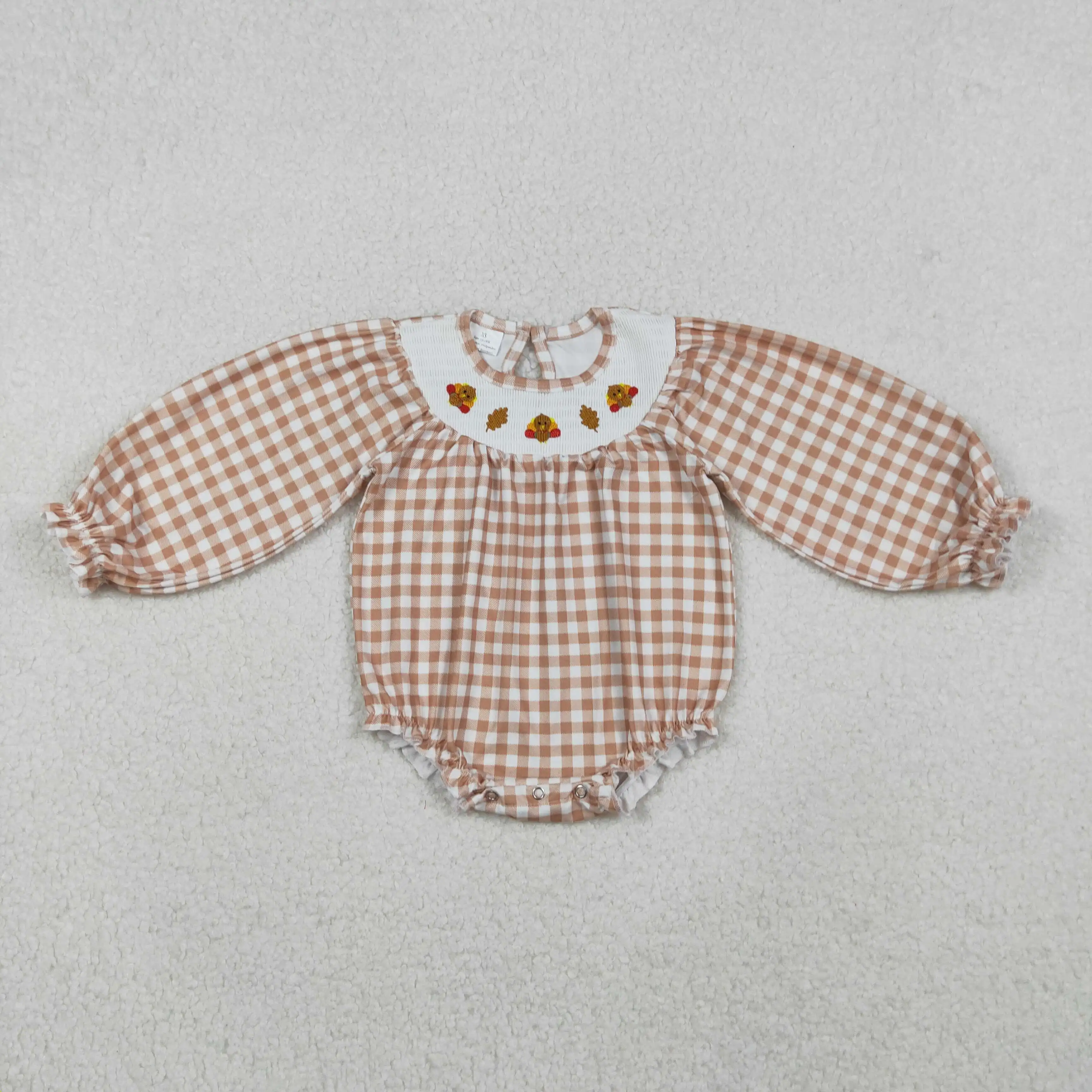 

Baby Girls' Khaki Plaid Smocked Thanksgiving Romper Ruffle Design Checked Pattern Turkey Leaves Detail for Special Occasions