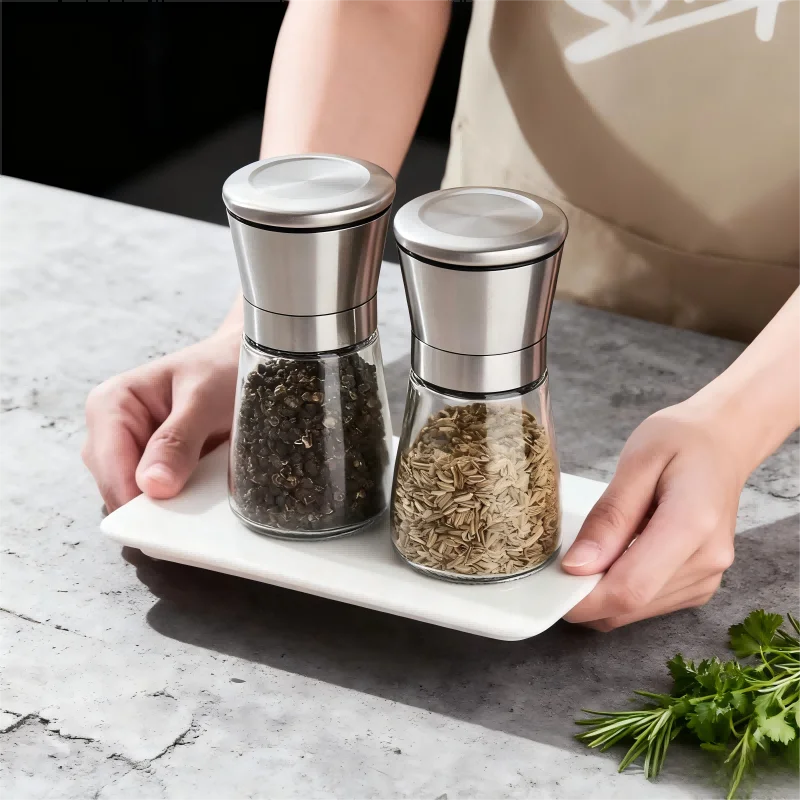 مطحنة الملح والفلفل، مطحنة من الفولاذ المقاوم للصدأ، زجاجة توابل زجاجية، زجاجة طحن يدوية، أداة مطبخ توابل قابلة للتعديل