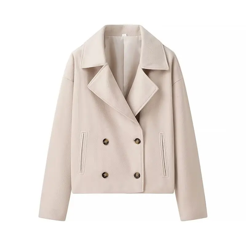 

Fashion Short Woolen Coat Women's Fleece Long Sleeve Double Breasted Lapel Pocket Coat 2024 Elegant Autumn Coat New Style