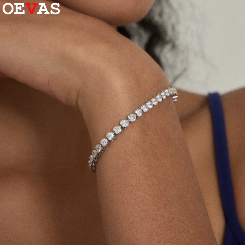 

OEVAS 2x2mm Heart Cut Moissanite Round Bubble Diamond Tennis Bracelets for Woman Men 925 Silver Hip Hop Chain Bracelet Gift