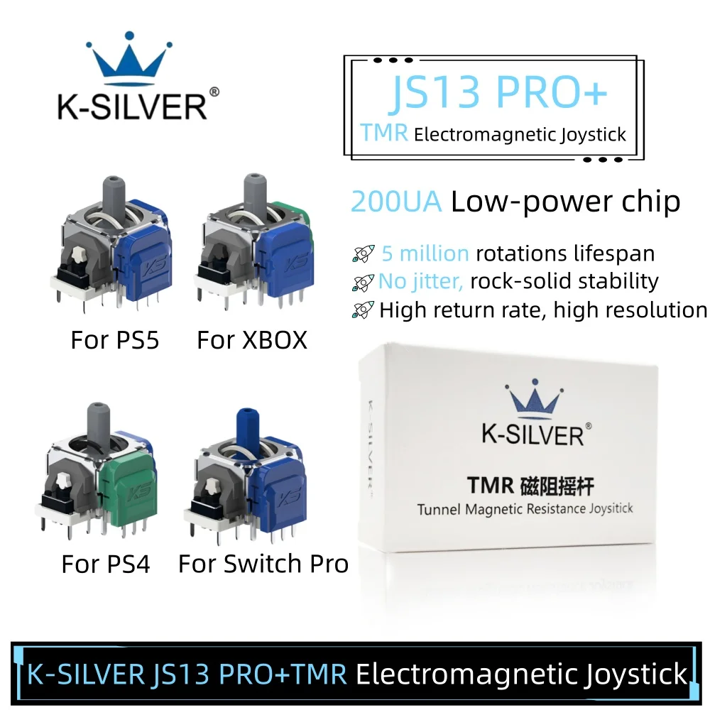

2/10 шт. K-SILVER JS13 PRO+ TMR Электромагнитный джойстик для PS5, PS4, XBOX. Новейшая версия, без дрейфа, аналоговый 3D-сенсор.