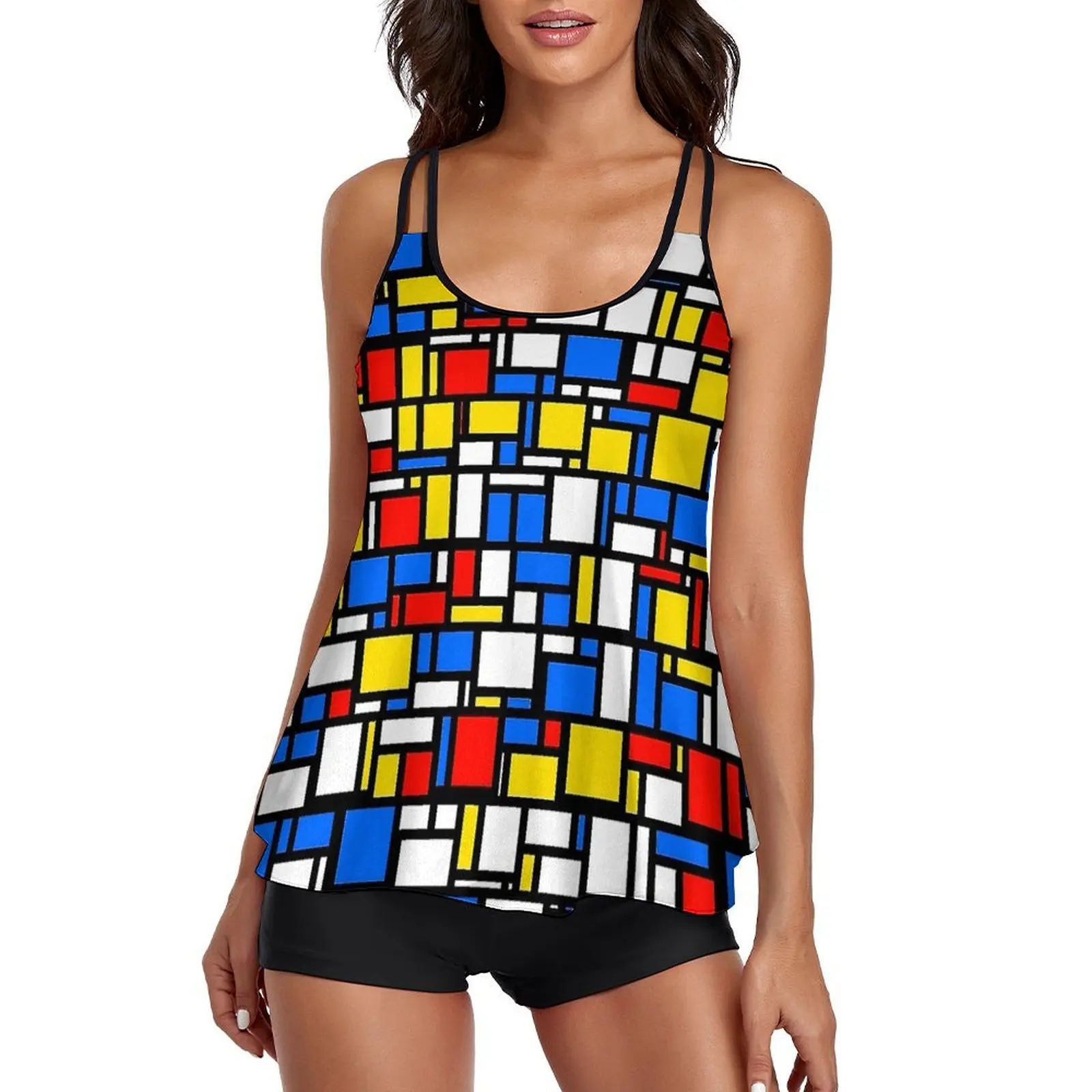 Mondrian Style Tankini Swimsuit Checkerboard Sport Swimwear 2 Pieces Novelty Bathing Suit Graphic Beach Wear Plus Size