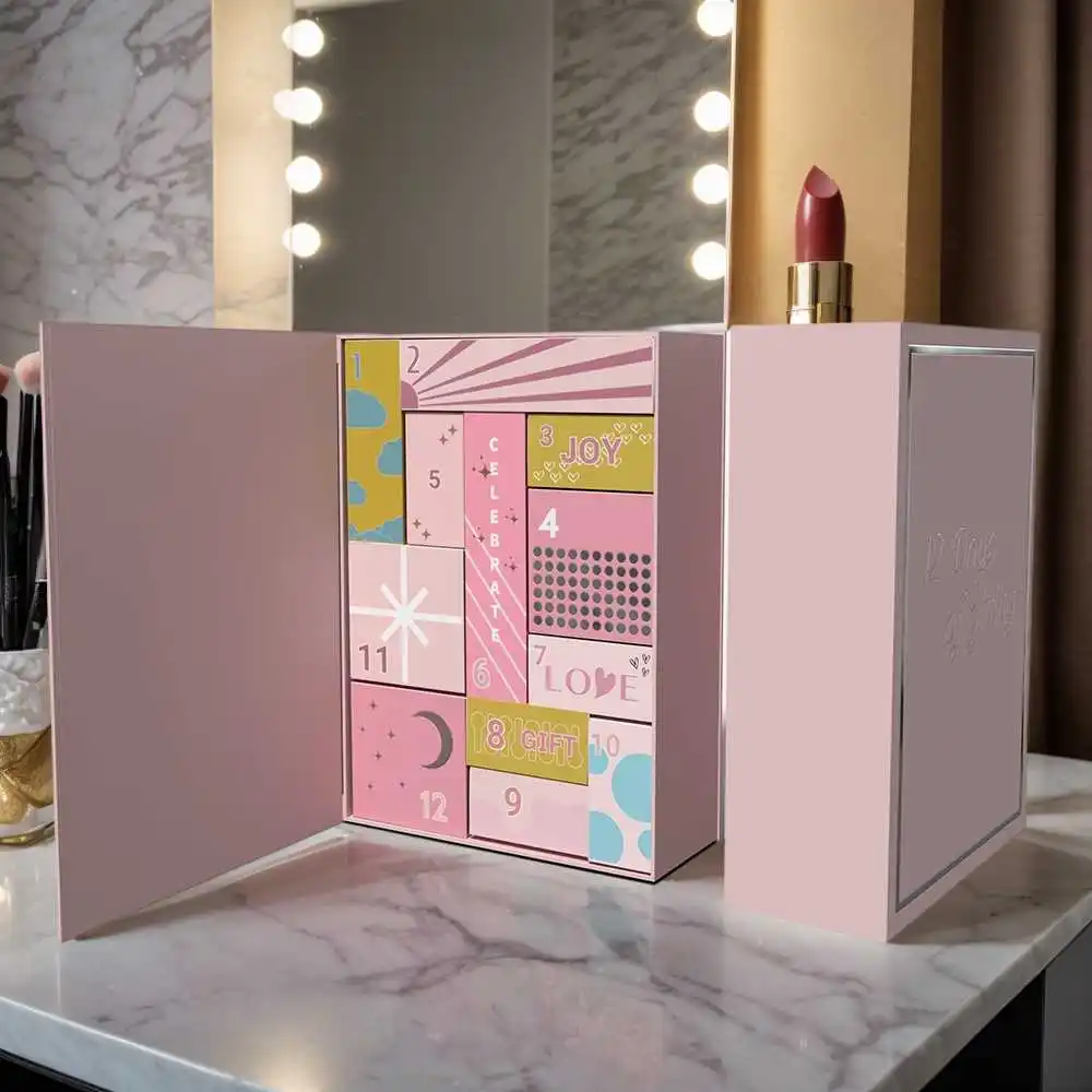 カスタムクエリカスタム空の化粧品アドベントカレンダーギフトボックスピンク段ボール紙箱高級アドベントカレンダーボックス12日間