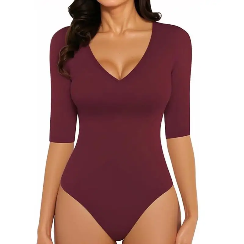 จั๊มสูทผู้หญิงคอวี แขนห้าส่วน เอวต่ำ ผ้าโพลีเอสเตอร์ ใส่ทำงาน ใส่เที่ยว คอลเลคชั่นฤดูร้อน