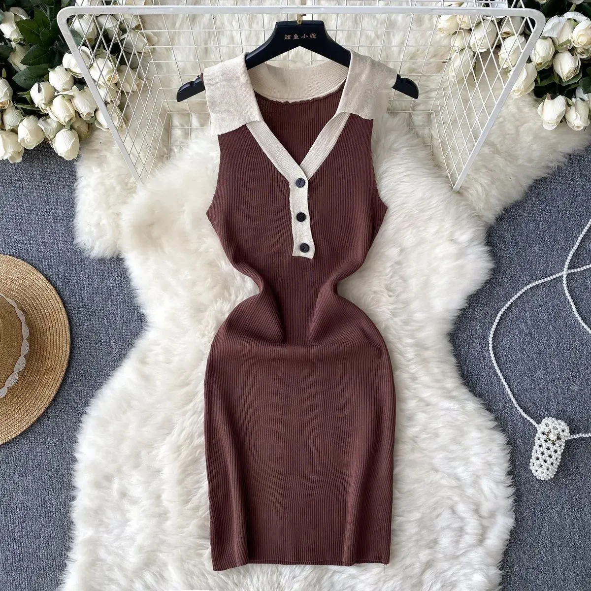 2024 Patchwork Tank Summer Knit Elegant Dress Women Turn Down Collar Elatic Waist Bodycon Sundress Female Short Mini Dress