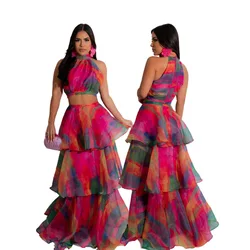 SKMY 2025 New Sexy Halte Neck Dress Fashion Tie Dyed Printed Fluffy Cake Long Dresses Hollow Out Elegant Evening Party Wear