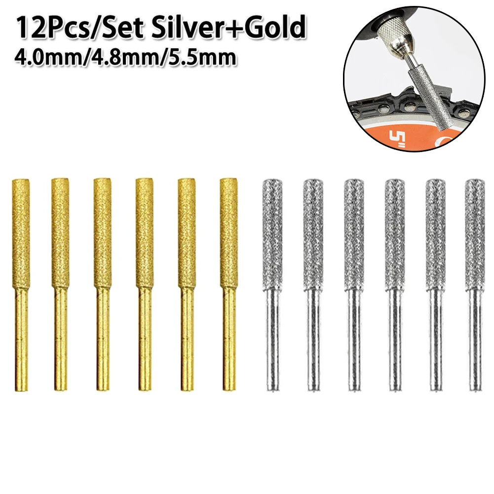 12pcs Coated Cylindrical Burr 4/4.8/5.5mm Chainsaw Sharpener Stone File Chain Sharpening Carving Grinding Tools Kits