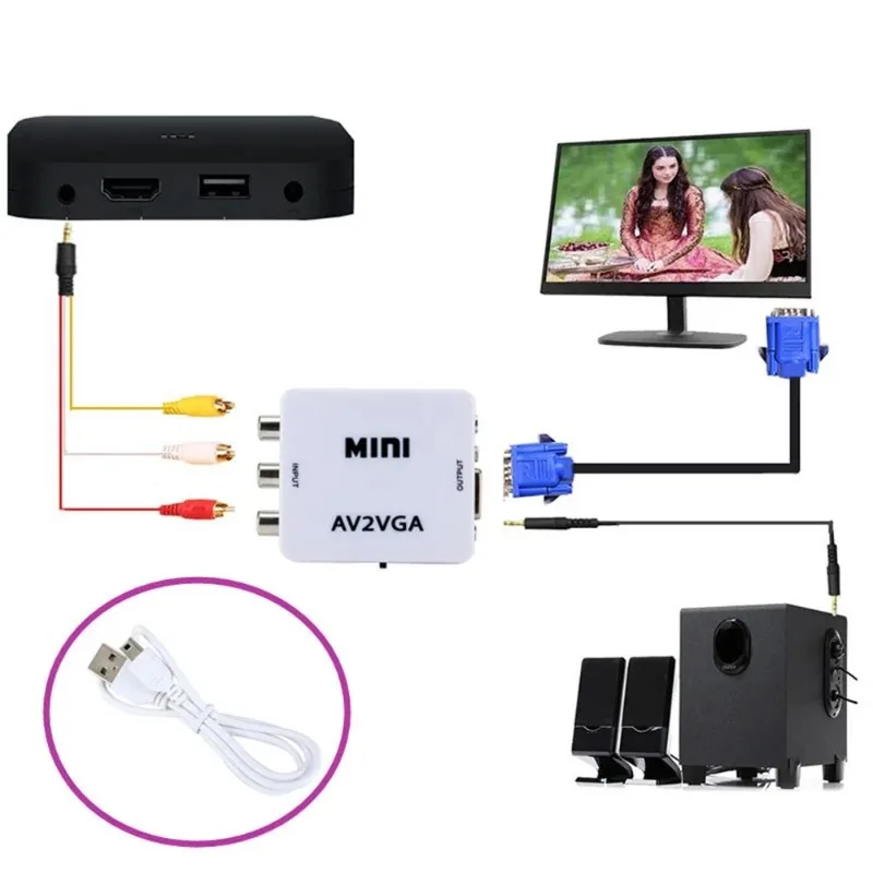 Wideo VGA GRWIBEOU HD AV2 skrzynka konwerterowa Mini AV RCA CVBS do wideo VGA Adapter wideo z dźwiękiem 3.5mm do konwerter HDTV PC