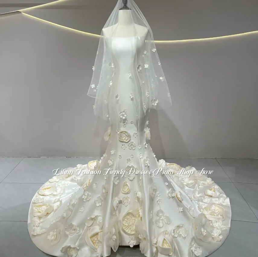 Customised Gorgeous Dream Wedding Gown 3D Floral Silk Mermaid Bridal Dress Formal Evening Gown Church Wedding Lawn Wedding