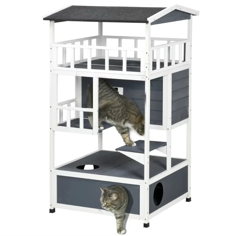Wooden Outdoor Cat House, Cat Tree ,Feral Cat Shelter Kitten Tree with Asphalt Roof, Escape Doors, Condo, Jumping Platform