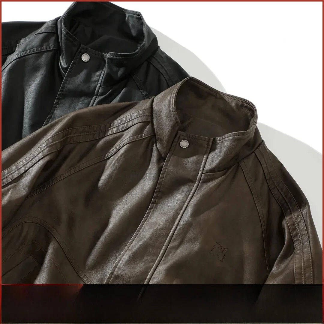 

Байкерская куртка из искусственной кожи в стиле ретро, мужская осенняя куртка с воротником-стойкой, ветрозащитный дизайн, молодежная длинная молния для отдыха