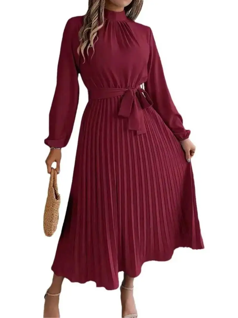 Sve plissado feminino cor longa rua sle cintura cinched saia evasê outono temporada faion