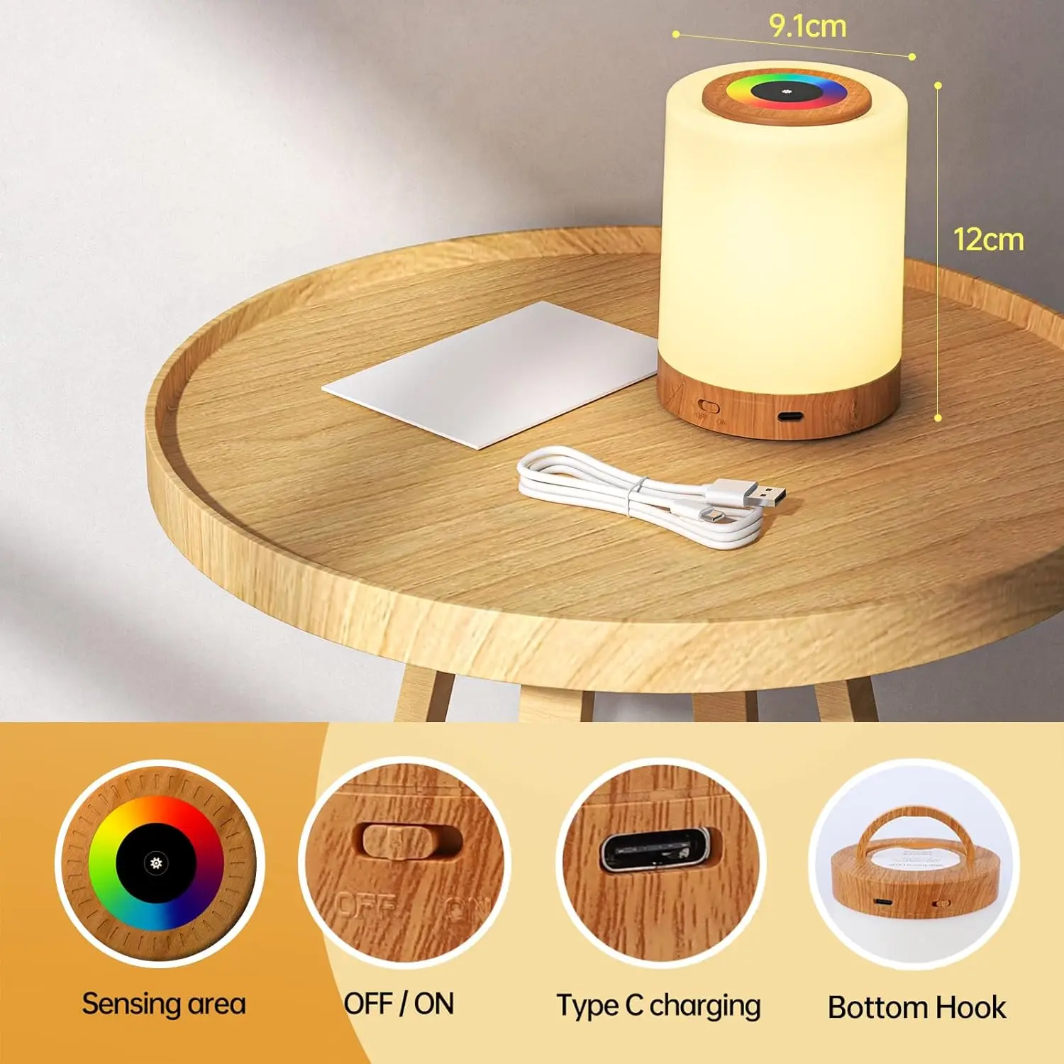 Bedside lamp touch dimmable, 10 colors and 4 modes night light USB rechargeable, infinitely dimmable LED light.