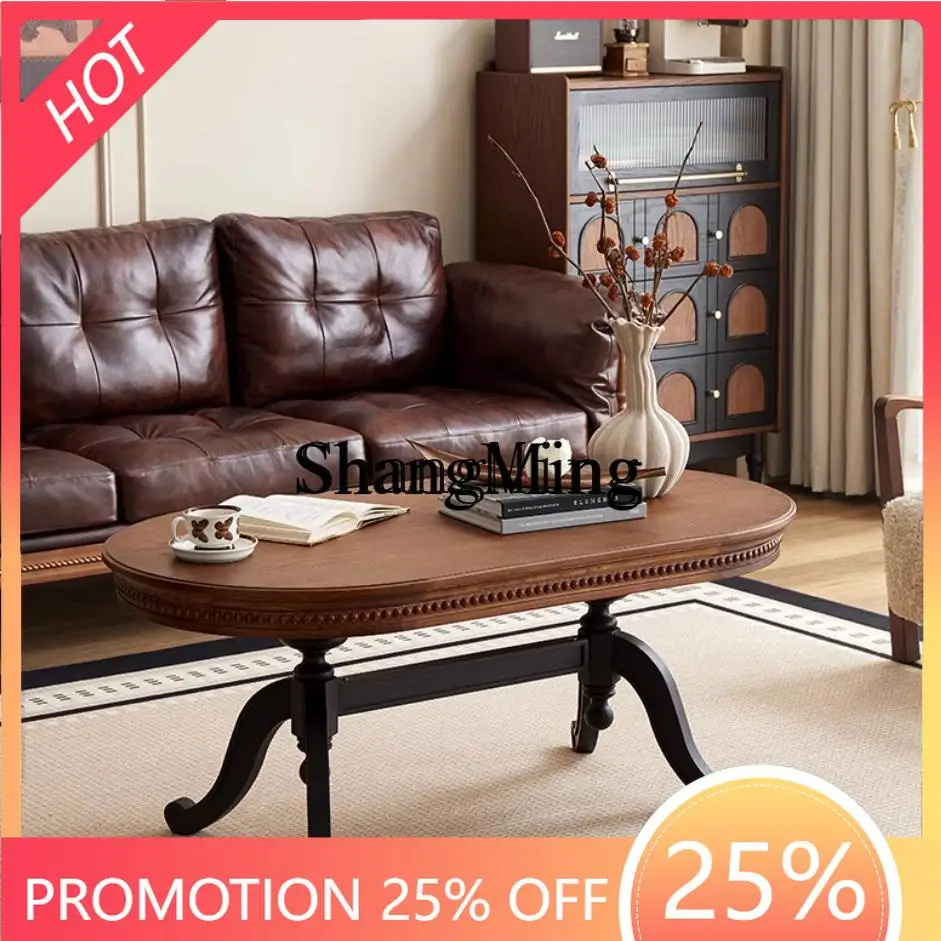 

ZYY household high value solid wood coffee table living room movable oval tea table relief coffee household