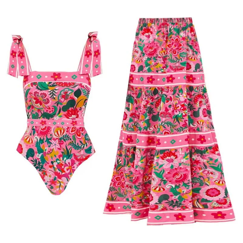 

Floral Print One-Piece Swimsuit with Bow-Tie Straps Women's Beach Vacation Style Maxi Dress Swimwear Set for Casual Wear