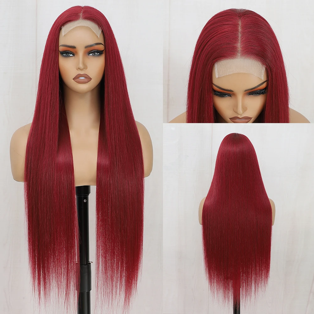 

Красный длинный прямой синтетический 36-дюймовый парик спереди, искусственные волосы для косплея, 4X4, синтетический парик спереди, естественная линия волос
