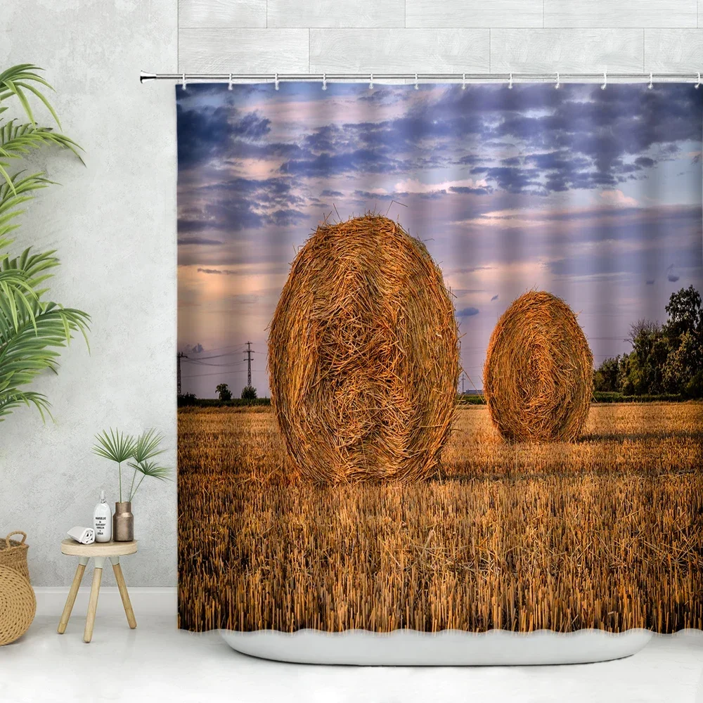 Old Truck Shower Curtain Set Farm Haystack Wheat Field Rural Natural Landscape Bathroom Decoration Fabric Hanging Curtains Hooks