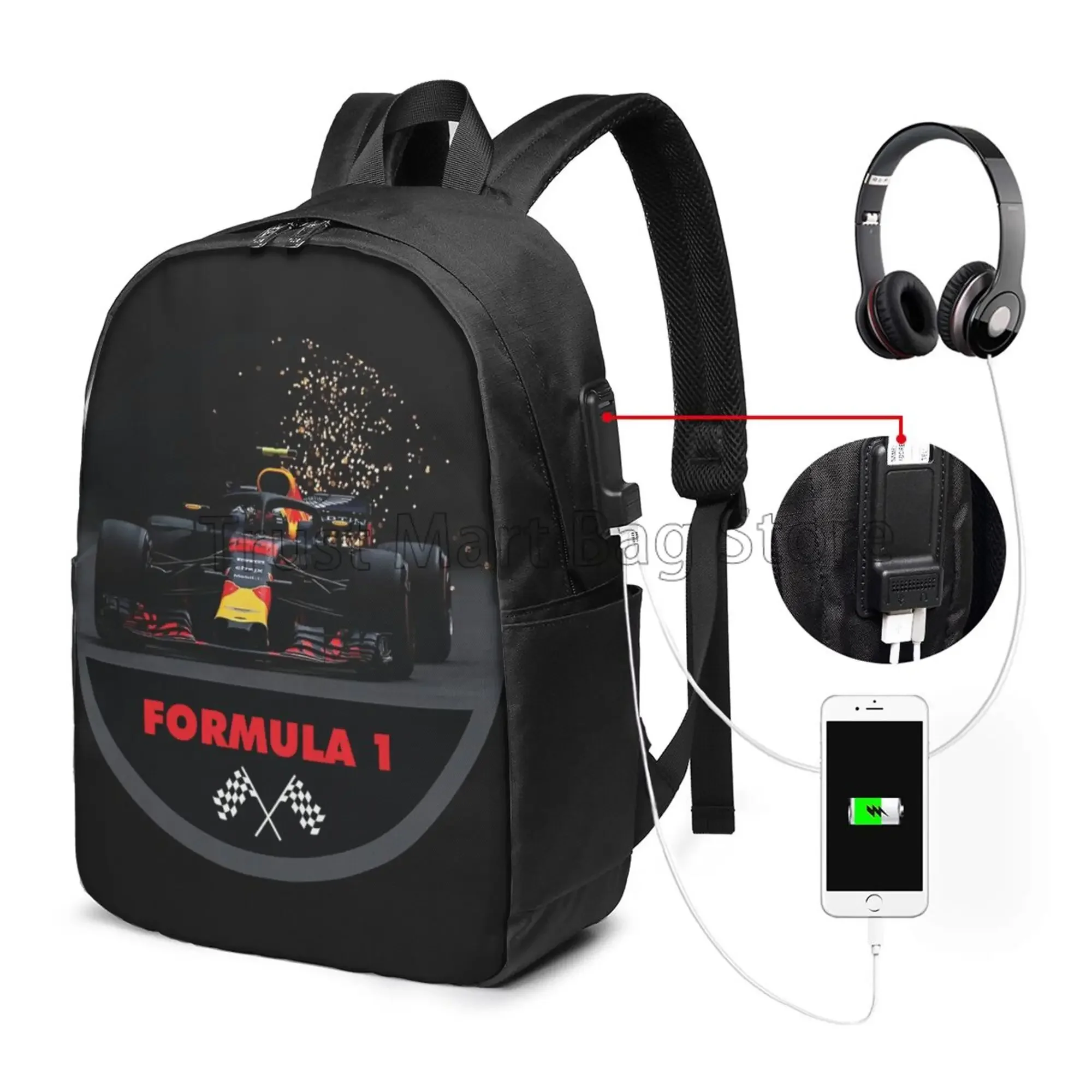 F1 Racing Car Laptop Backpack 17 Inch Fashion Travel Backpacks School Bag Unisex Business Computer Purse Work Bag with USB Port