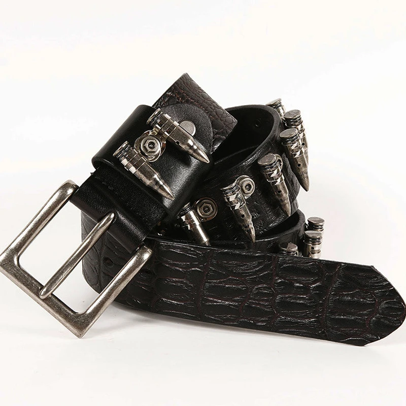 Punk Rock Style Men's Belt Cowhide Pin Buckle Genuine Leather Gothic Hip Hop Belt for Jeans Pure Handmade Bullet Model Waistband