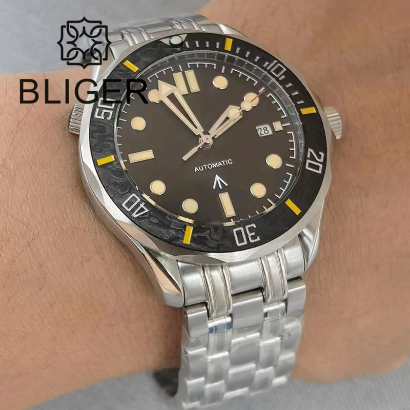 

BLIGER 41mm Mechanical Men Watch Sapphire Glass Date NH35 PT5000 MIYOTA 8215 Rotating Carbon Fiber Bezel Black Dial Mesh Band