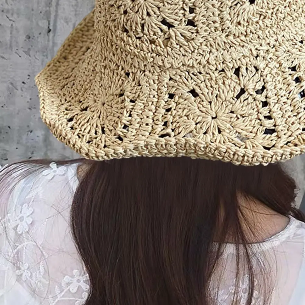 Women Summer Wide Brim Sun Hat Crochet Straw Hat Sun Straw Hat Breathable Travel Hat Beach Bucket Sun Hat