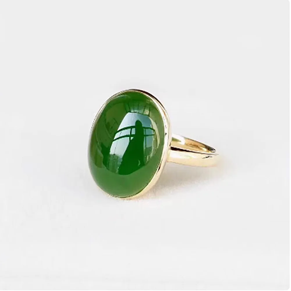 Anillo de jade hetiano natural, oro rosa de 18 quilates con piedra de jade verde espinaca, anillo de fideos de huevo femenino