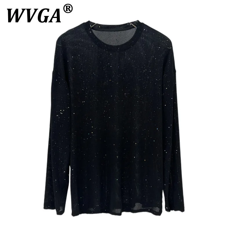 

WVGA Весна Осень Новый Мужской Прилив High Street Звездное Небо Дизайн Футболка С Длинным Рукавом Золотая Фольга Блестки Модные Повседневные Футболки Ins W8625