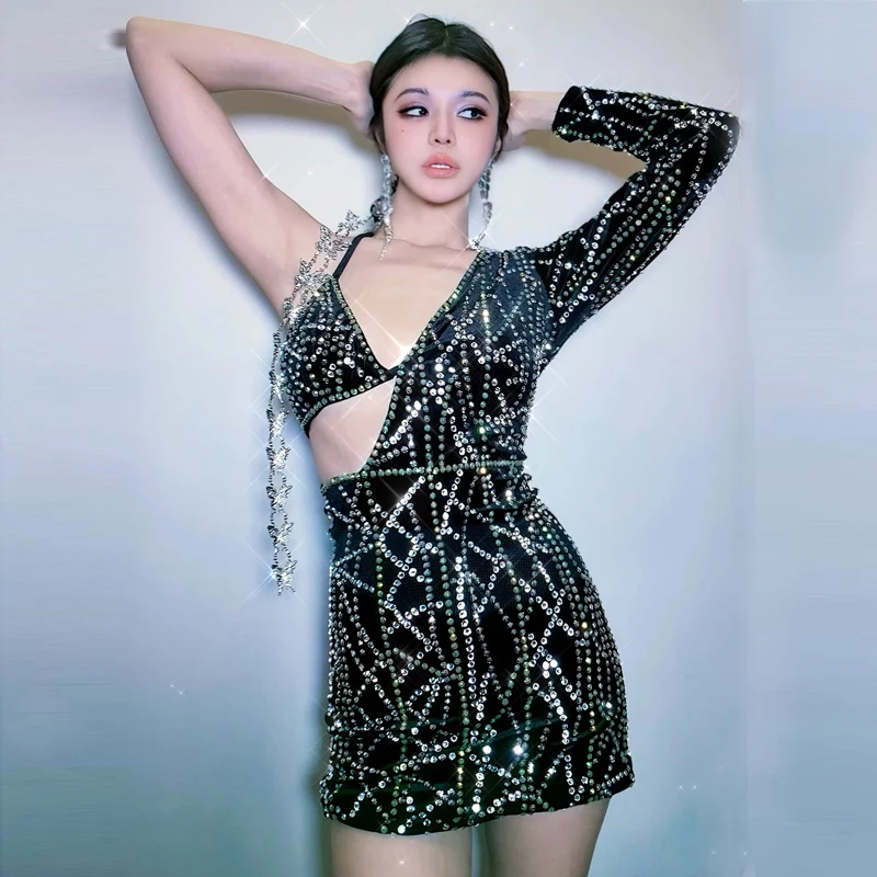 New One Sleeve Full Rhinestones Party Dress Women Group Gogo Dancer Outfit Bar Dj Ds Nightclub Stage Festival Costumes Set