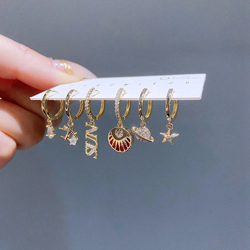 New Mixed Design Plane Saturn Star Dangle Earrings Set for Women Cubic Zirconia Huggies Jewelry