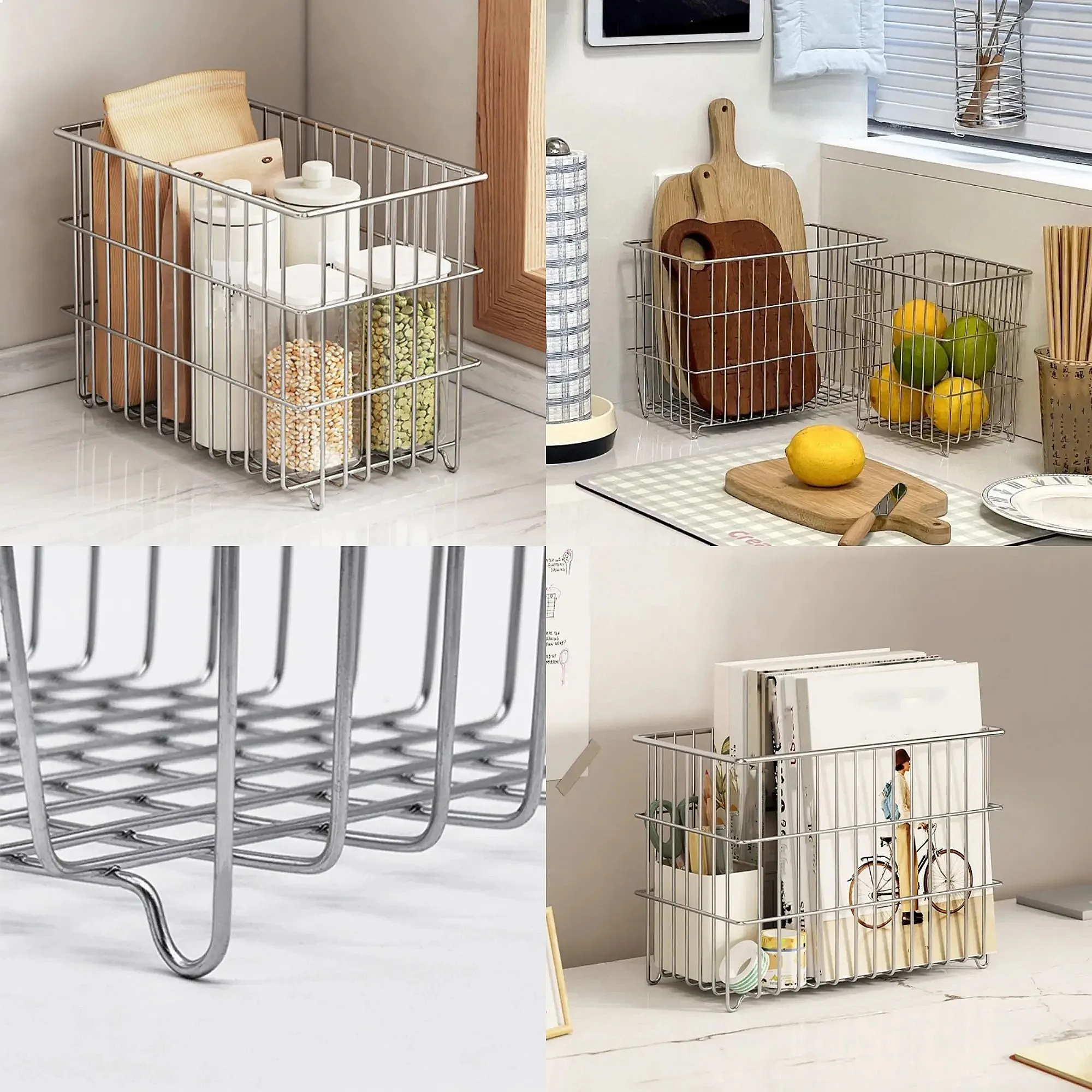 304 Stainless Steel Kitchen Storage Basket Stackable Rust-proof Kitchen Drain Basket Ventilated Higher Feet Cabinet Organizer