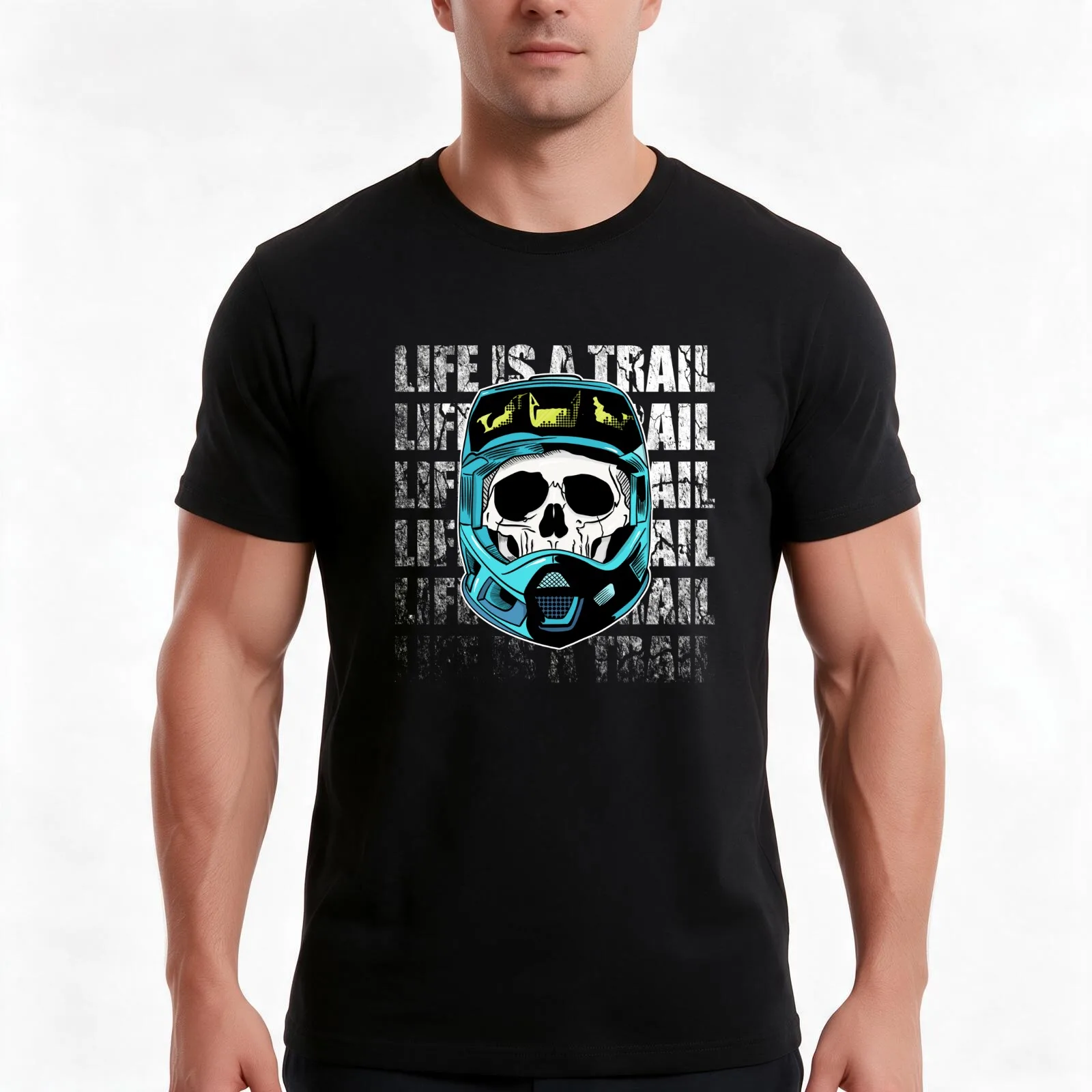 Mountain Bike Skeleton Life is a Trail MTB Helmet T-Shirt, Summer Casual Cotton Tee, Oversized Streetwear Tops, Unisex Men Women