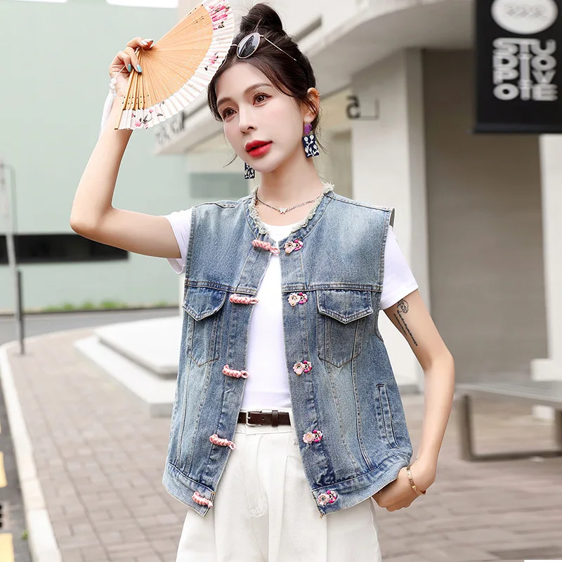 Women's Denim Vest Coat Women Sleeveless Jacket Spring Autumn Round Neck Female Jean Waistcoat Top Outerwear Ladies