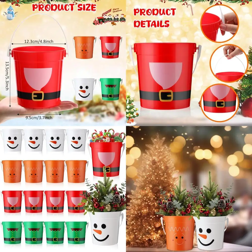 

Christmas Decorative Plastic Pails with Handles - Red Santa, Green Elf, Snowman Themes for Holiday Parties & Gift Baskets