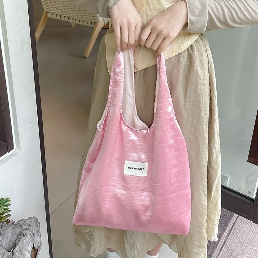 Large Capacity Satin Silk Tote Bag Elegant Foldable Simple Shoulder Bag Lightweight Solid Color Underarm Shopping Bag Gift