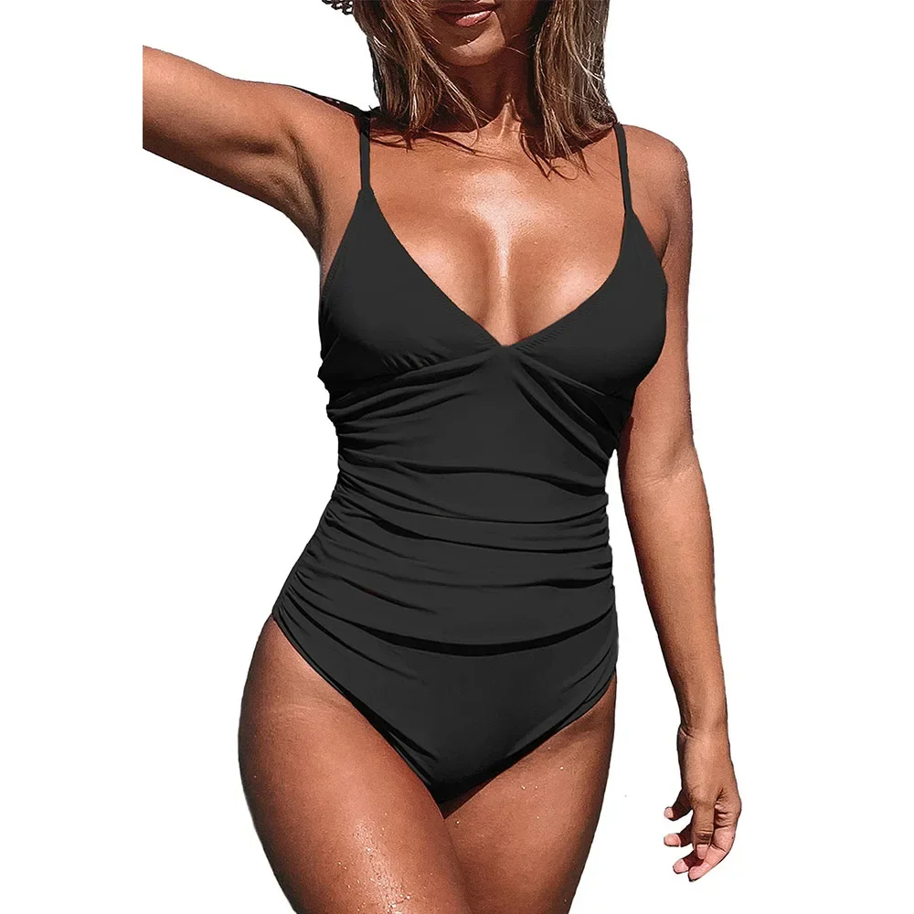 

Women's One Piece Swimsuit Tummy Control V Neck Ruched Push Up Padded Bathing Suits Summer Beach Swiwear
