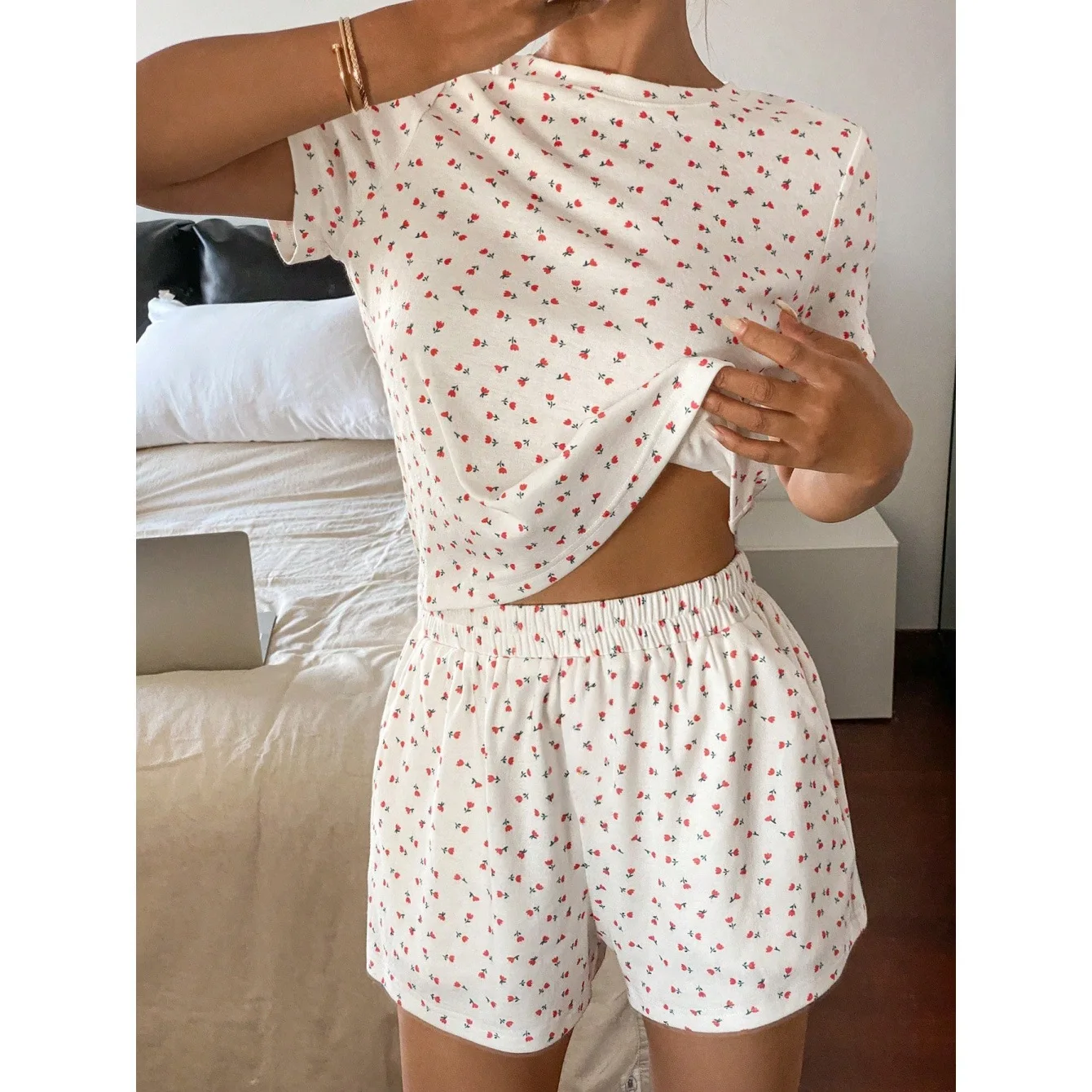 

Повседневный круглый Ne Spwear, летний цветочный принт, ort Sve orts, комплект из двух предметов, женский моющийся костюм, удобный дышащий