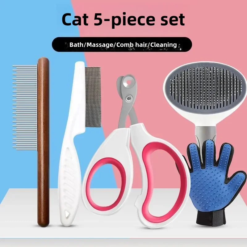 Cat Scissors Brush Cat Grooming Cleaning Gloves Set Cat Comb With Dense Teeth Knot Cat Nail Clippers Cat Accssories Set Package