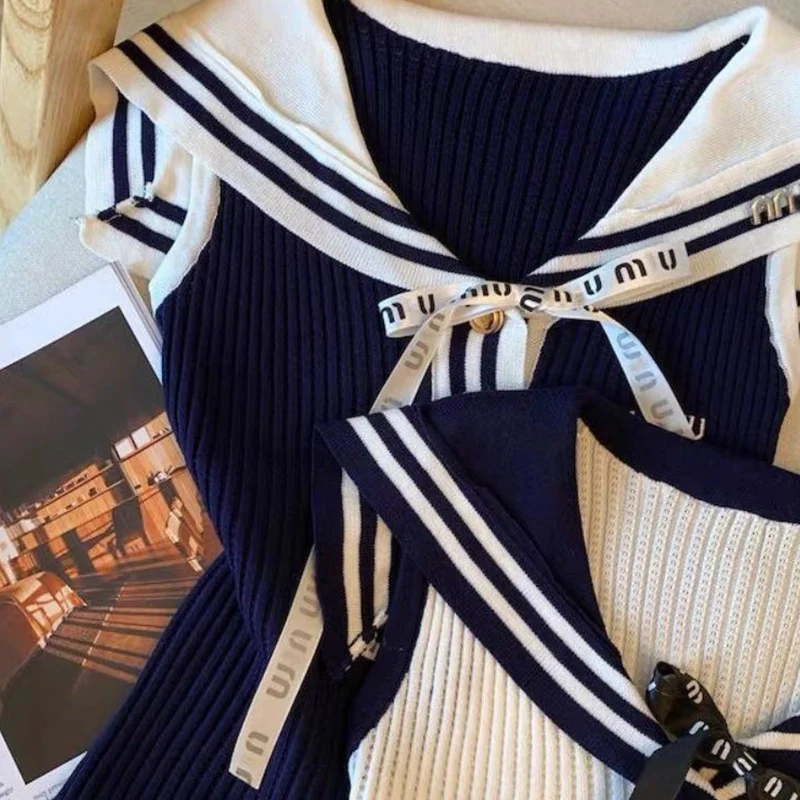 Verão carta bordado tricô regata roupas femininas estilo preppy laço retalhos gola de marinheiro sem mangas pullovers topos