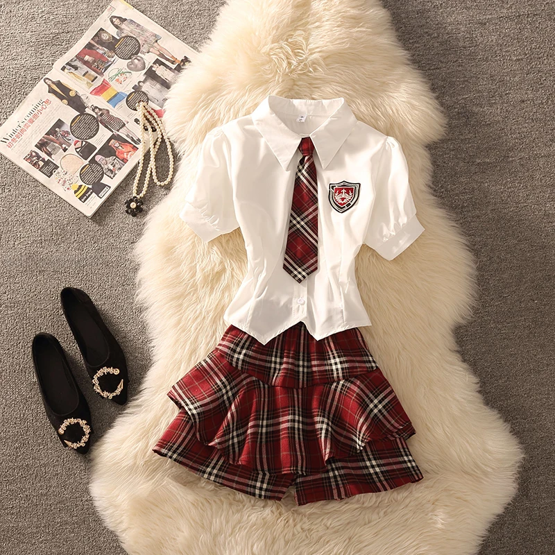 

2026 American Style College Uniform JK Uniform Set Summer Sweet And Spicy Short Sleeve Shirt Plaid Skirt Fashion Set