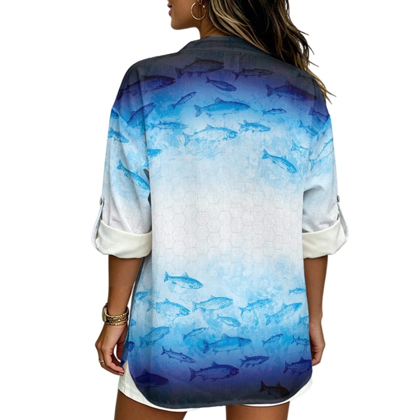 PENSTROLL Blue Gradient Fish Style Linen Like Tunic Blouse, Breathable Pullover for Women Daily Wear Sizes S-5XL