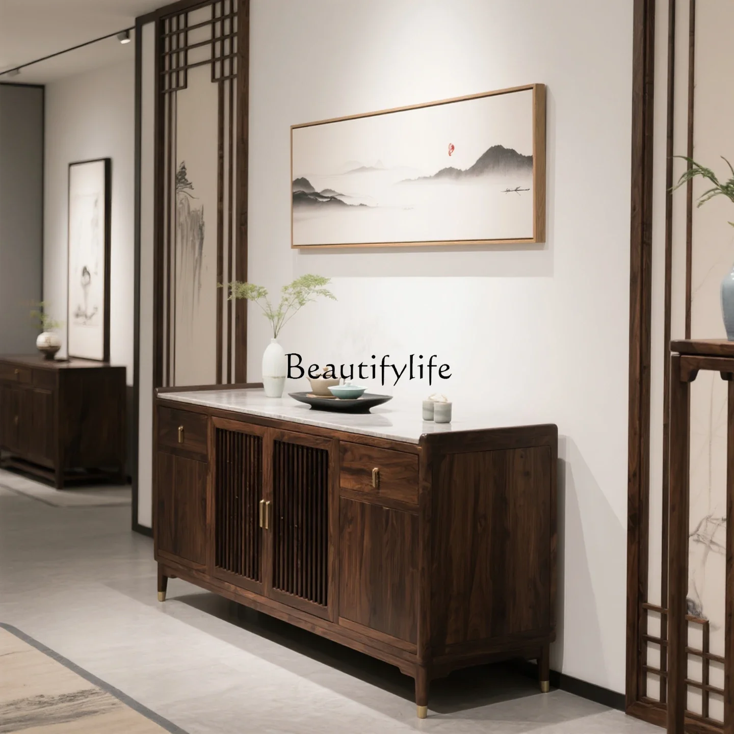 

yj21 New Chinese-style North American black walnut solid wood dining side cabinet, Zen entrance cabinet